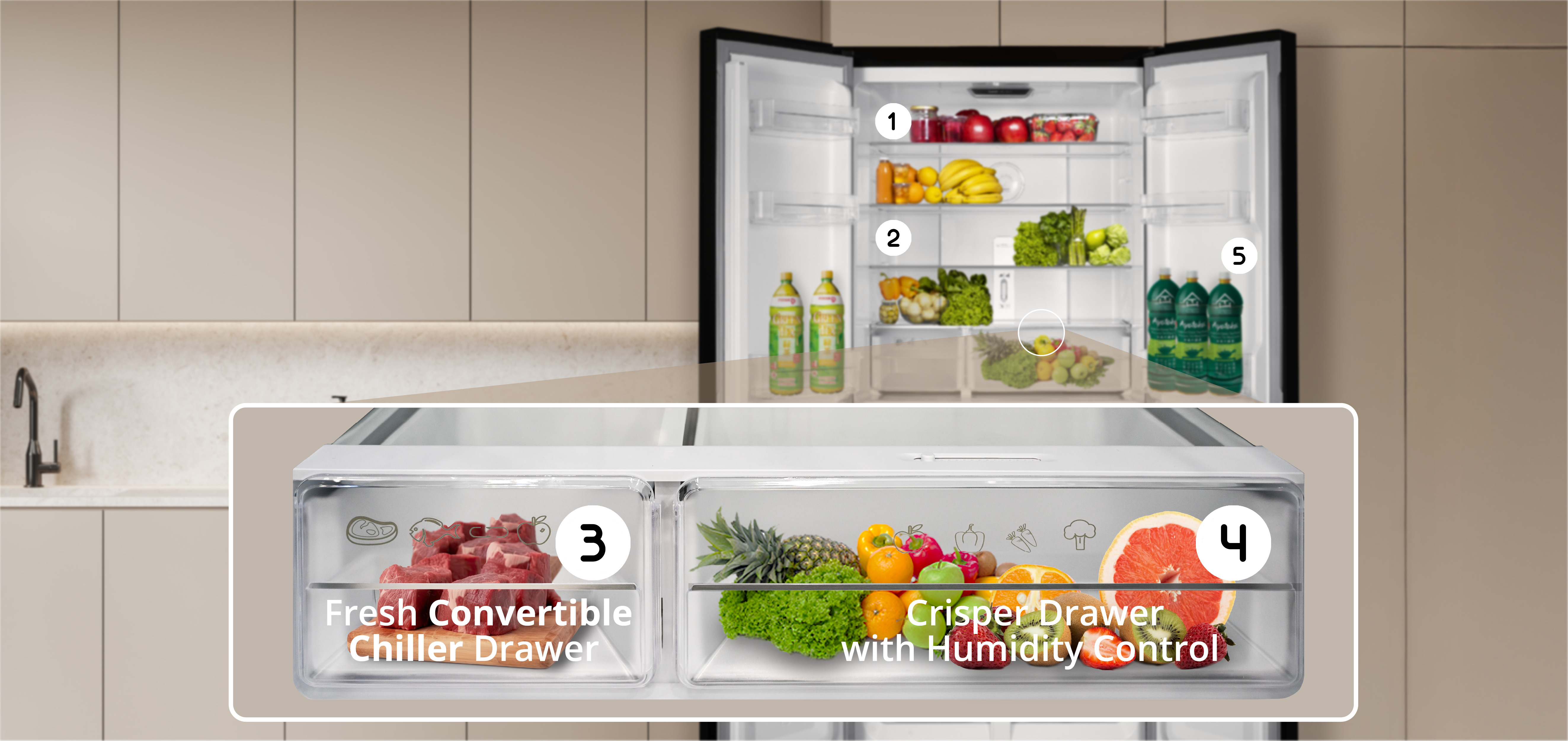 Different shelves in a fridge